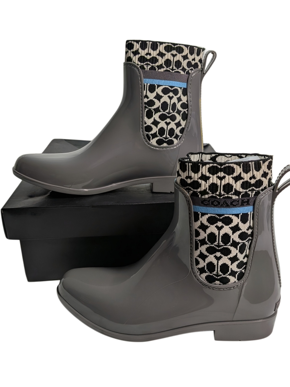 Coach Rivington Rain Bootie Heather Grey Rubber Signature Knit Women's 9B NIB